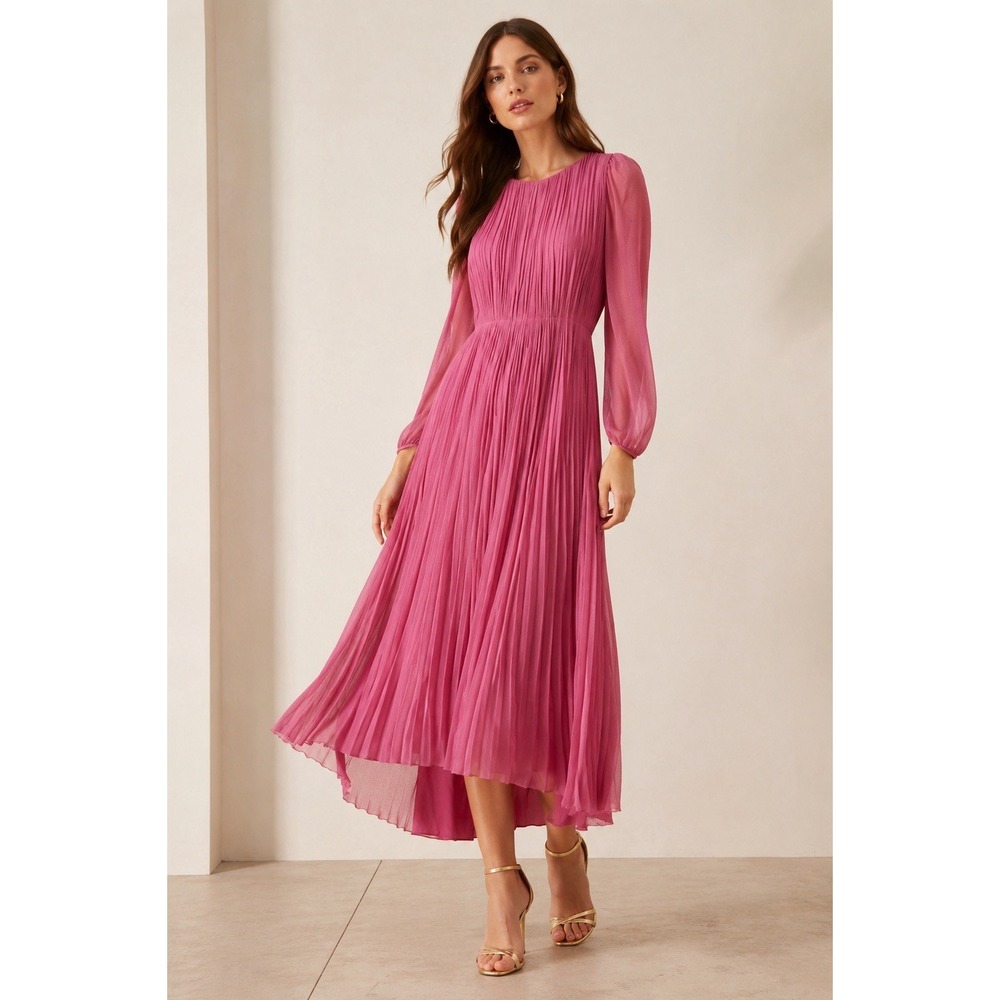 Maria Lucia Hohan Pink Silk Pleated Midi Dress | Size FR 38 (US 6) Made Romania